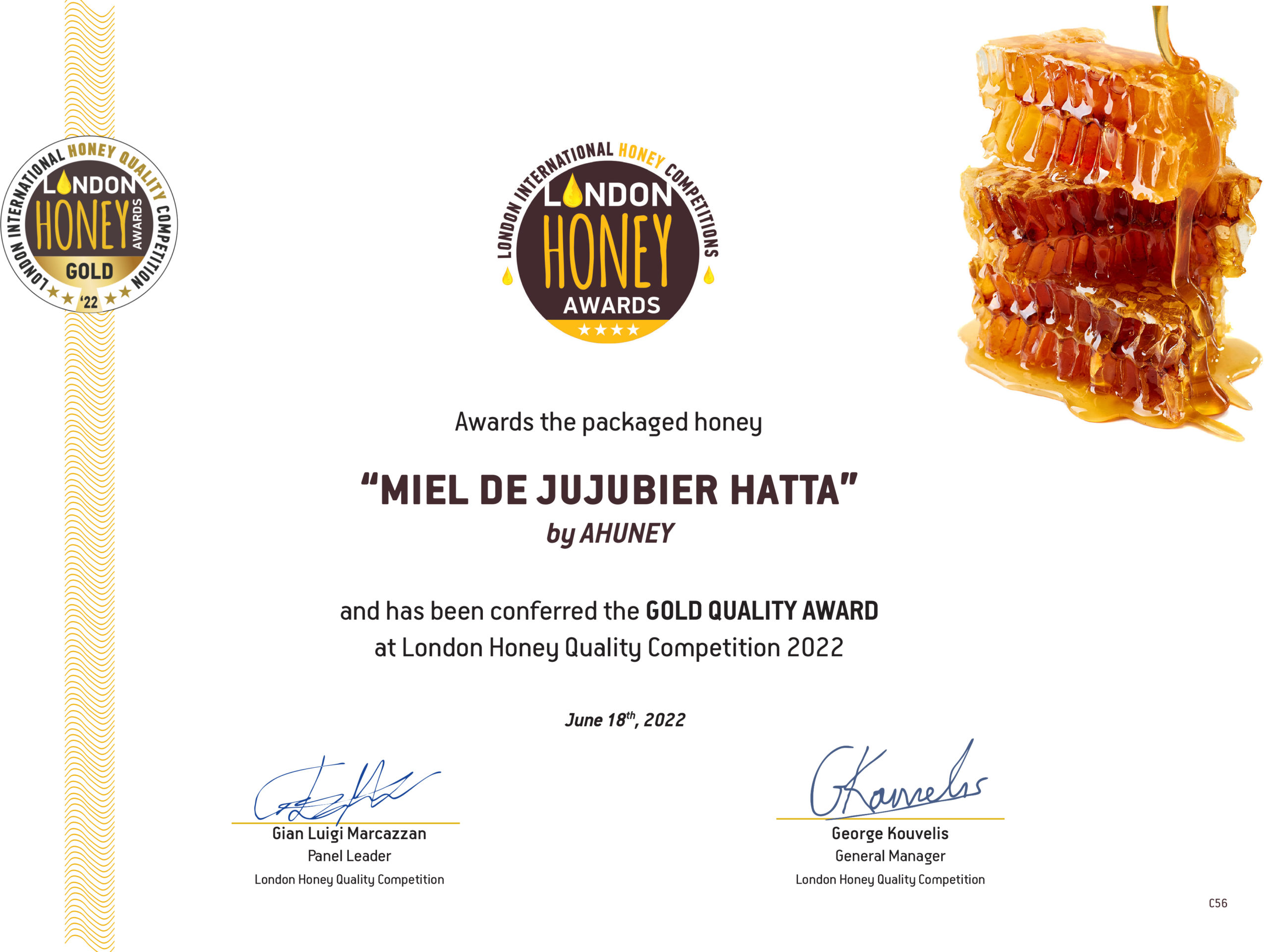 Diplôme London Honey Awards 2022 — Miel de Jujubier Hatta A.Huney