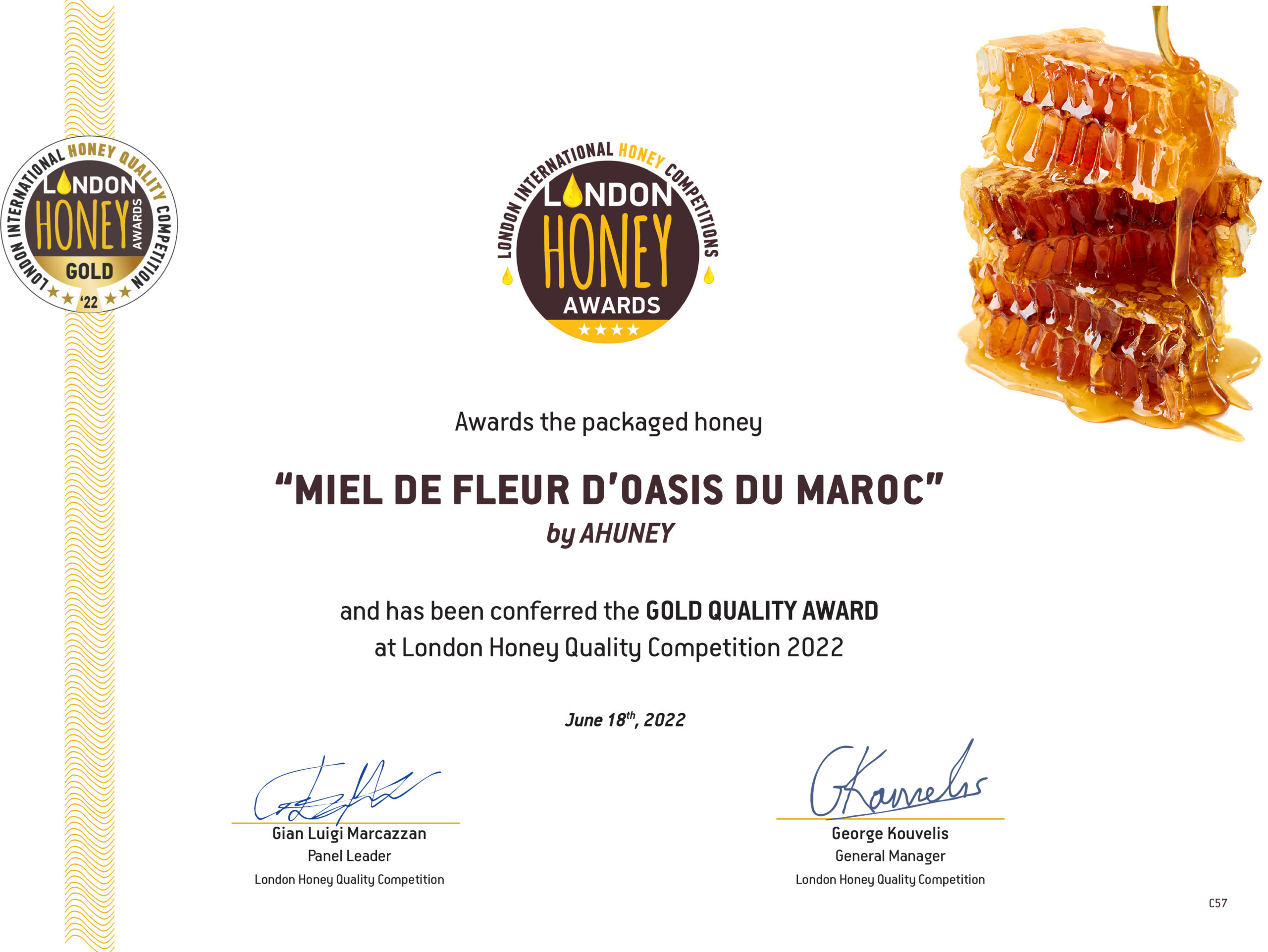 Diplôme London Honey Awards 2022 — Miel de Fleur d’Oasis du Maroc A.Huney